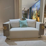 White & Brown Leather Sofa with Smooth Surface Craftsmanship, Natural Wood Veneer & Gold Stainless Steel Trim